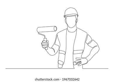 Continuous line drawing of young handyman wearing building construction uniform while holding paint roller. One single line painter wall renovation service concept. vector design illustration