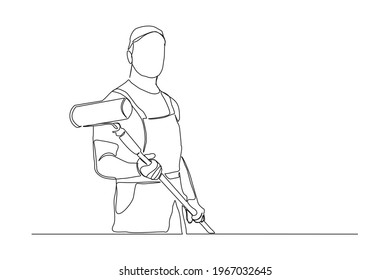 Continuous line drawing of young handyman wearing building construction uniform while holding paint roller. One single line painter wall renovation service concept. vector design illustration