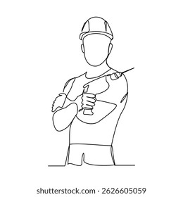 Desenho de linha contínua de jovem engenheiro de mão vestindo uniforme enquanto segura máquina de perfuração. Uma única linha de arte do serviço de manutenção da construção do reparador. Traçado editável de ilustração vetorial