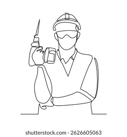 Desenho de linha contínua de jovem engenheiro de mão vestindo uniforme enquanto segura máquina de perfuração. Uma única linha de arte do serviço de manutenção da construção do reparador. Traçado editável de ilustração vetorial