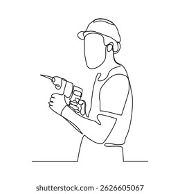 Continuous line drawing of young handyman engineer wearing uniform while holding drill machine. Single line art of repairman construction maintenance service. Vector illustration editable stroke