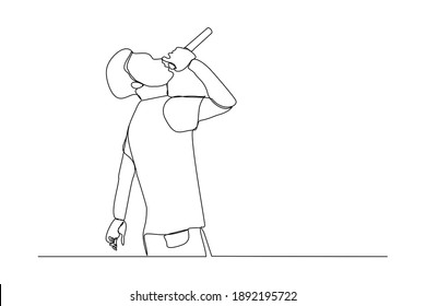 Continuous line drawing of young happy male pop singer holding microphone and singing on stage. Single one line art of musician artist performance concept design vector illustration