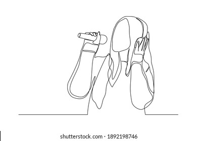 Continuous line drawing of young happy female pop singer holding microphone and singing on stage. Single one line art of musician artist performance concept design vector illustration