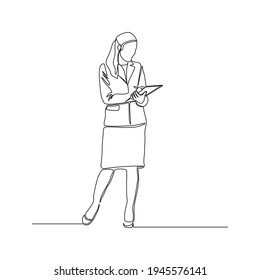 Continuous line drawing of young happy female worker standing while write business note from mentor on paper at clipboard. One single line business woman workshop concept. vector illustration