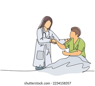 Continuous line drawing of young happy female doctor visit a patient who laying on bed in hospital and handshaking him to ask the condition. Healthcare concept. One line drawing vector illustration