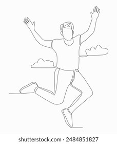  Continuous line drawing of young happy business man punching fist into the air and jumping over cloud.