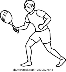 Continuous line drawing a young happy boy tennis player hit opponent's ball. Tennis professional tournament. Sport exercise healthy concept. Playing tenis graphic design vector illustration.