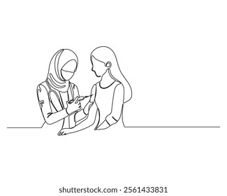 continuous line drawing of a young healthcare professional in hijab administering a vaccine to a seated patient, both wearing face masks Highlights the importance of vaccinations and public health