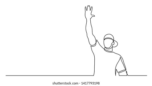 continuous line drawing of young healthy man in cap giving high five