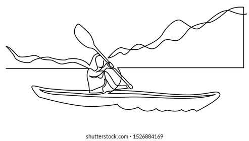 continuous line drawing of young healthy woman kayaking on mountain lake