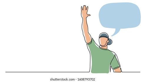 continuous line drawing of young healthy man in cap giving high five