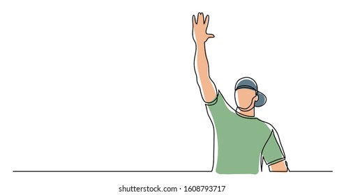 continuous line drawing of young healthy man in cap giving high five