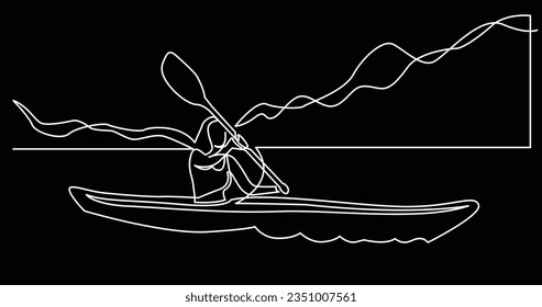 continuous line drawing of young healthy woman kayaking on mountain lake