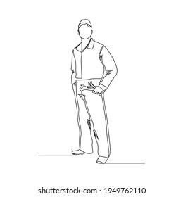 Continuous line drawing of young male mechanic pose holding set of wrench. Single one line art of man professional job profession minimalist concept. vector illustration