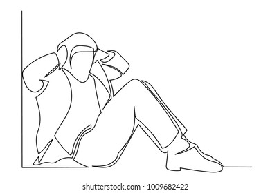 Continuous line drawing. A young man in a suit and boots sits at the wall and covers his head and ears with his hands from an overabundance of information. Drawing by hand on a white background.