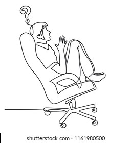 continuous line drawing of young man in an office chair reflects on work, brainstorming an employee, a designer in profile one line vector illustration