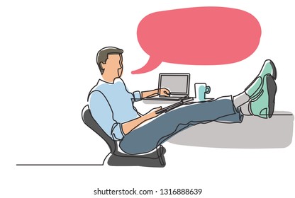 continuous line drawing of young man sitting with laptop-computer with his feet on desk