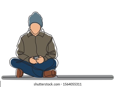 continuous line drawing of young man sitting with mobile phone