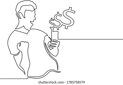 Continuous line drawing of a young man delighted with a mobile application. Holds a smartphone in his hand. Growing income from telecommuting. Joy. Business. Social networks. Money.