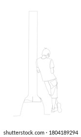 Continuous line drawing of Young man leans against the light pole while using a smartphone at bus stop. Chill out using smartphone concept