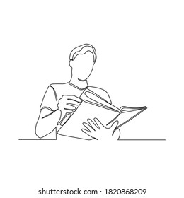  continuous line drawing of young man with a book in his hands