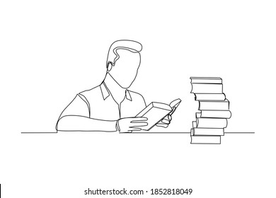 Continuous line drawing of young man studying and reading with stack of books. One line art of education concept. Vector illustration