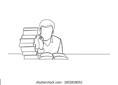Continuous line drawing of young man studying and reading with stack of books. One line art of education concept. Vector illustration