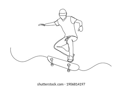 Continuous line drawing of young man playing skateboard. Single one line art sport vector illustration theme. Person play game for exercise and hobby isolated on white background.