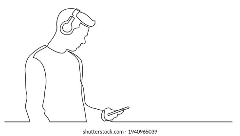 continuous line drawing of young man holding phone listening music in headphones