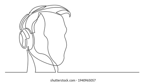 continuous line drawing of young man head listening music in headphones