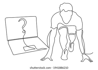 Línea continua dibujando a un joven, laptop, pregunta. El concepto de iniciar un nuevo negocio online. ¿Dónde empezar tu negocio?