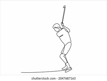Dibujo continuo de un joven jugando al golf. Concepto de una sola línea de arte de golfista profesional sosteniendo un palo para golpear la pelota. Ilustración del vector