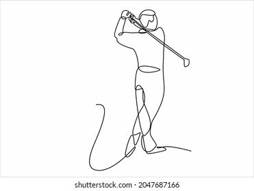 Continuous line drawing of young man playing golf. Single line concept art of professional golfer holding a stick to hit the ball. Vector illustration