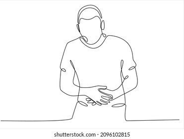 continuous line drawing of young man having stomach ache isolated on white background vector illustration