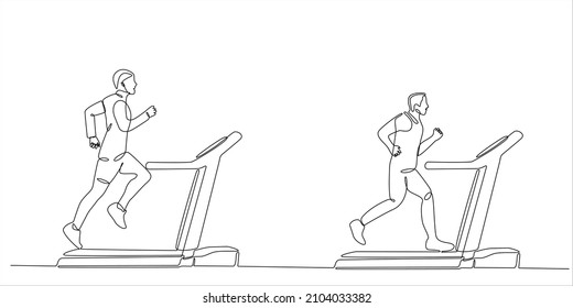 Continuous line drawing of a young man running on a treadmill vector illustration