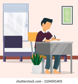 continuous line drawing of a young man do homework before going to bed, to get good grades. Vector colorful illustration. Before and After sleep activity