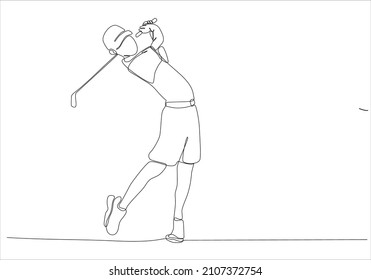 Dibujo continuo de un joven jugando al golf. Concepto de arte de una sola línea de golfista profesional sujetando palo para golpear la bola. Ilustración del vector