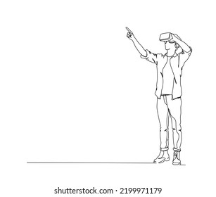 Continuous line drawing of young man wearing virtual reality. Single line art of virtual realty concept - Vector illustration.