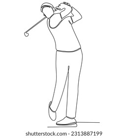 Continuous line drawing of young man playing golf. One line art concept of professional golfer holding club to hit ball. Vector illustration