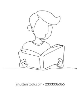 continuous line drawing of a young man reading a book. Vector illustration