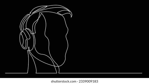 continuous line drawing of young man head listening music in headphones