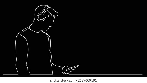 continuous line drawing of young man holding phone listening music in headphones