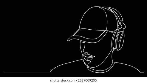 continuous line drawing of young man in hat listening music in headphones