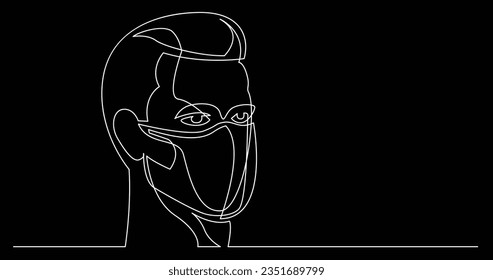 continuous line drawing of young man wearing face mask on black background