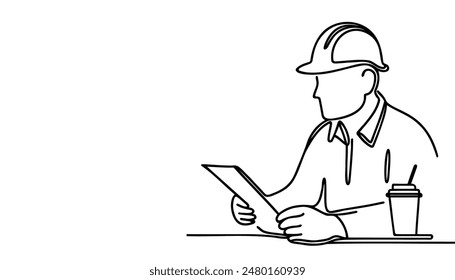 Continuous line drawing of a young man architect-engineer sitting at a desk and writing a business note on paper in a tablet wearing a safety helmet. One business woman concept. Vector illustration