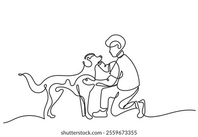 Continuous line drawing of a Young man with her cute pet. The boy is playing with the dog and giving treats. The Concept of Pet Care, Love for Pets, Compassion, and Animal Communication. Dog and owner