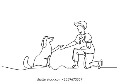 Continuous line drawing of a Young man with her cute pet. The boy is playing with the dog and giving treats. The Concept of Pet Care, Love for Pets, Compassion, and Animal Communication. Dog and owner