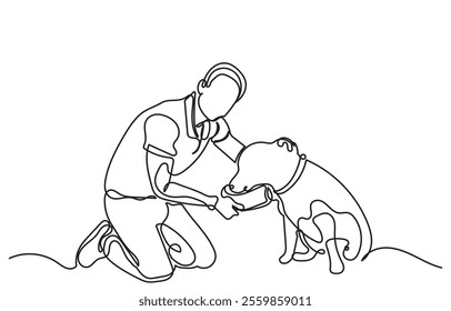 Continuous line drawing of a young man feeding his dog. The boy is playing with the dog and giving treats. The Concept of Pet Care, Love for Pets, Compassion, and Animal Communication. Dog and owner .