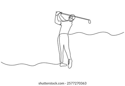 Continuous line drawing of young man playing golf, A single line drawing of a sporty young golfer hitting the ball using a golf club vector graphic illustration.