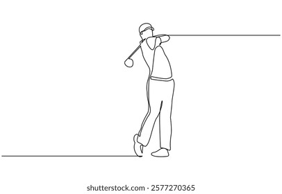 Continuous line drawing of young man playing golf, A single line drawing of a sporty young golfer hitting the ball using a golf club vector graphic illustration.